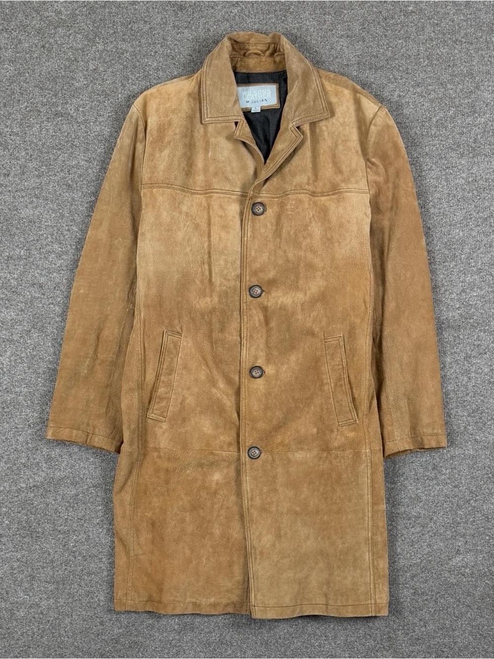 Vintage Wilsons Leather Tan Suede Mid Length Single Breasted Car Coat Men’s L